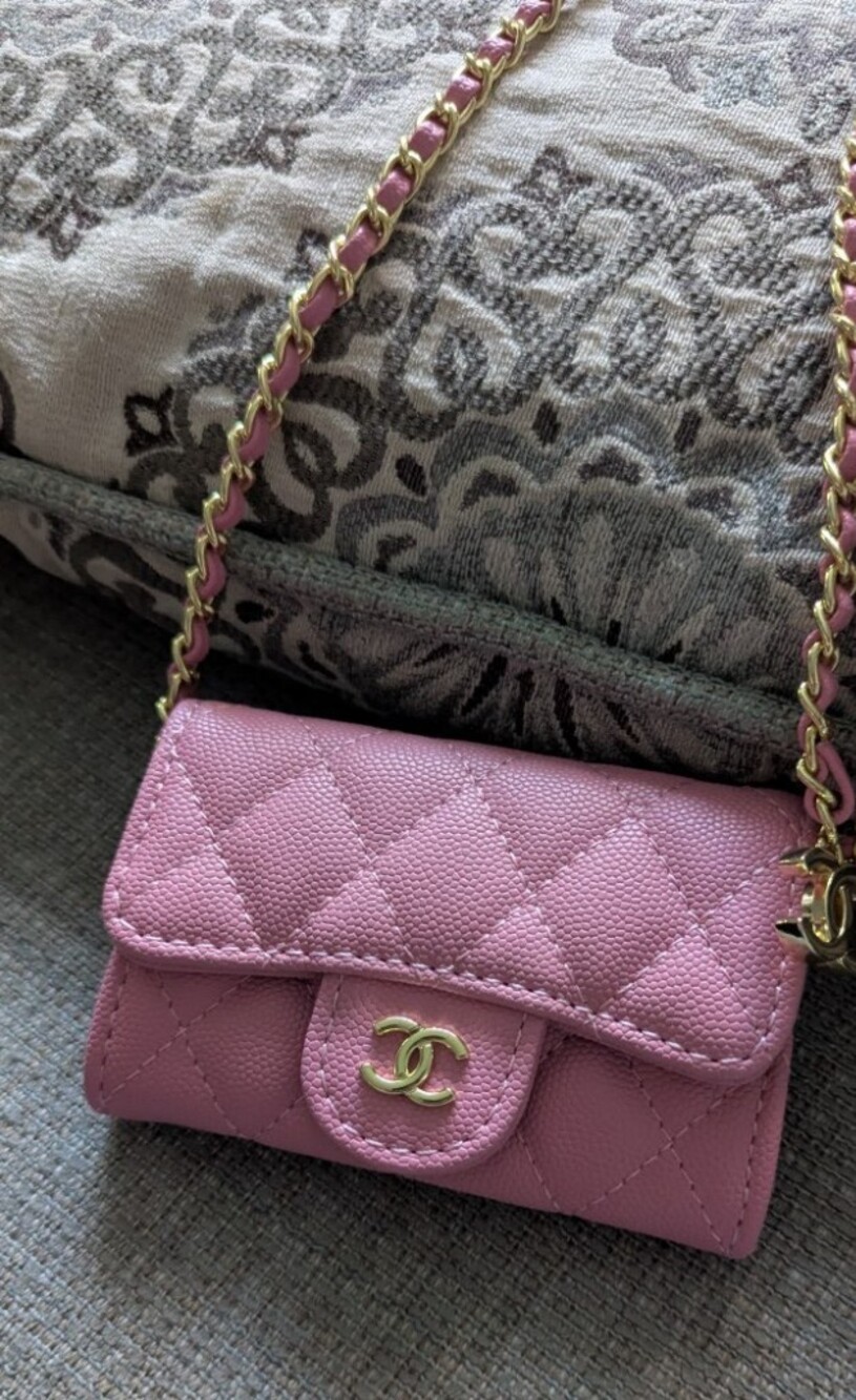 Coquette caviar faux leather pink chain wallet. I